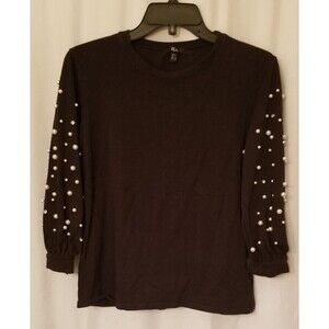 Women's Top Faux Pearl & Beaded Sleeves Black ELA Size Medium